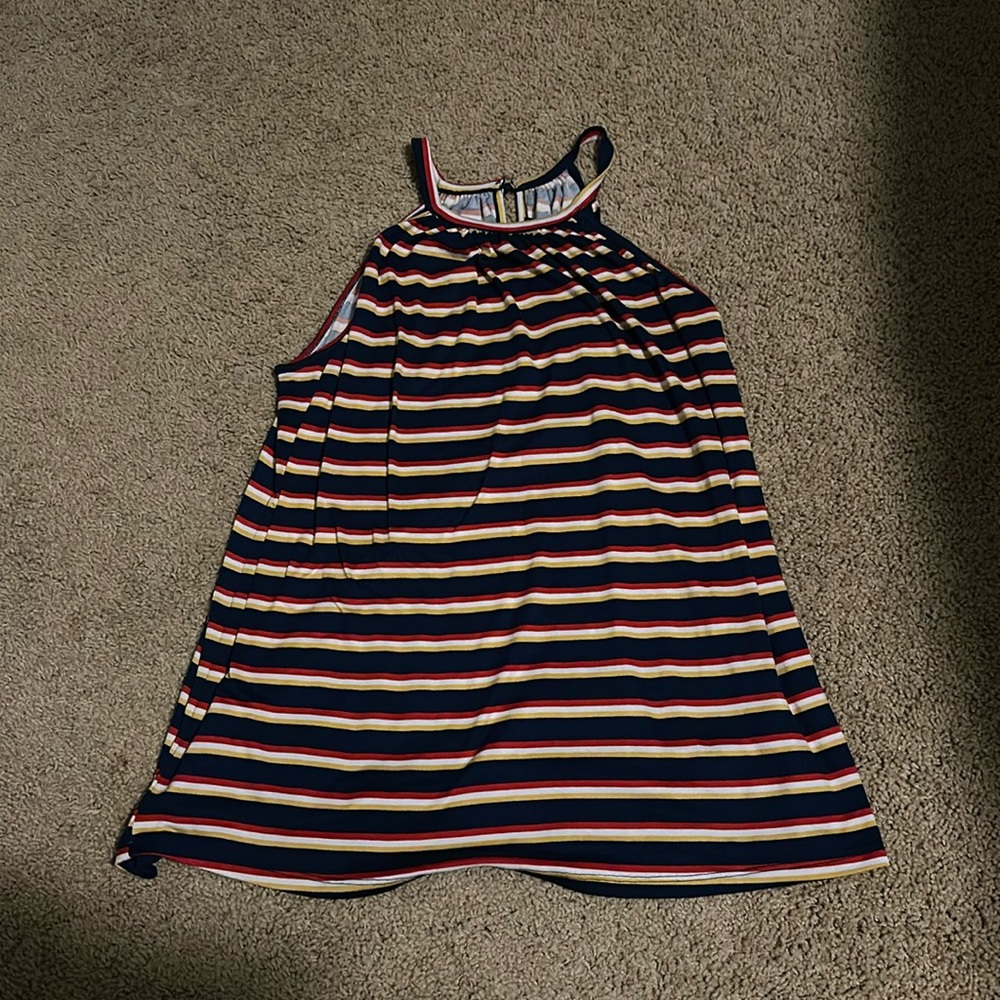 Navy, red, white, and yellow striped tank top
